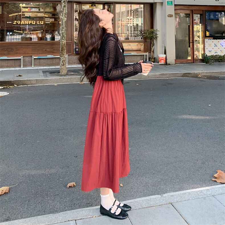 2024秋装网纱针织衫+吊带连衣裙气质显瘦两件套，女装套装/套裙，乔米娜