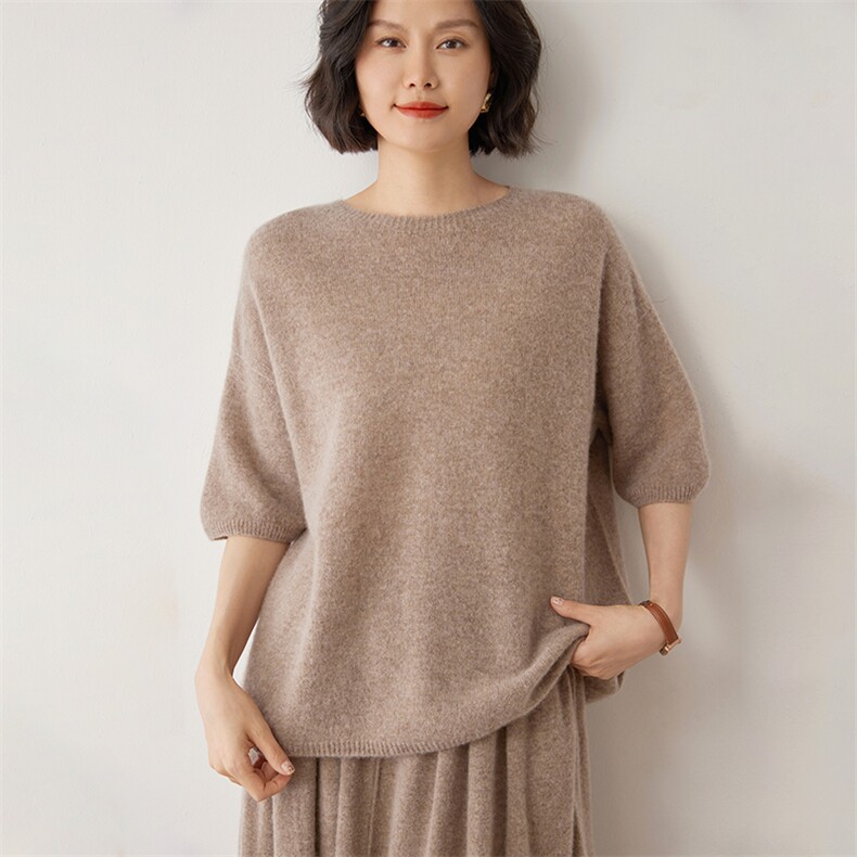 轻柔软糯~baby小山羊绒针织短袖女圆领宽松毛衣五分袖打底衫新款,女装羊绒衫,雪山红莲
