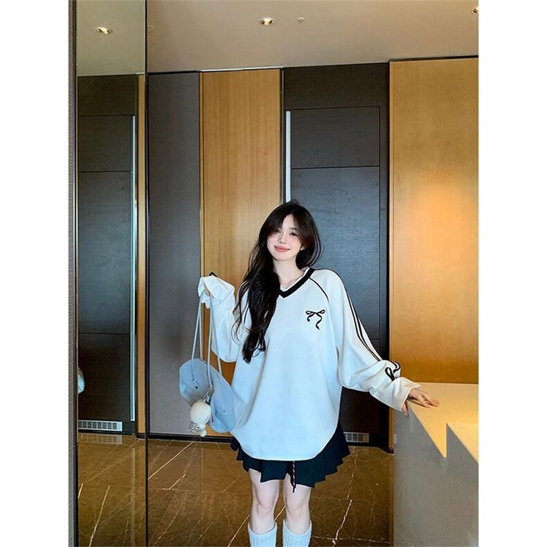 美式运动白色球衣v领条纹长袖T恤女春秋chic蝴蝶结设计感休闲上衣,男装T恤,星座506A