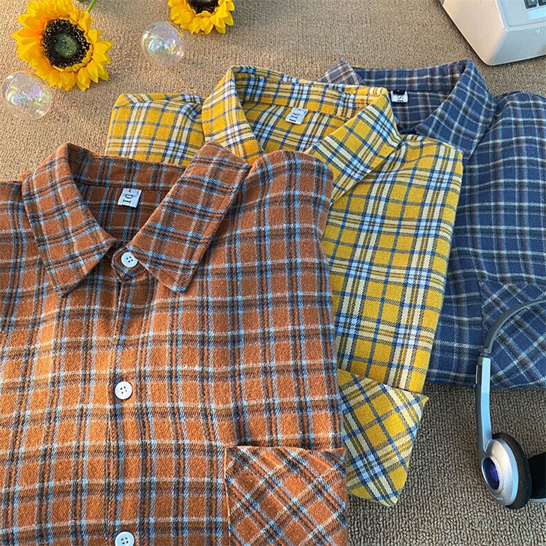 衬衫男2025春季新款港风大码宽松磨毛格子长袖衬衣CS580-P38(现货，男装衬衫，星座214-3