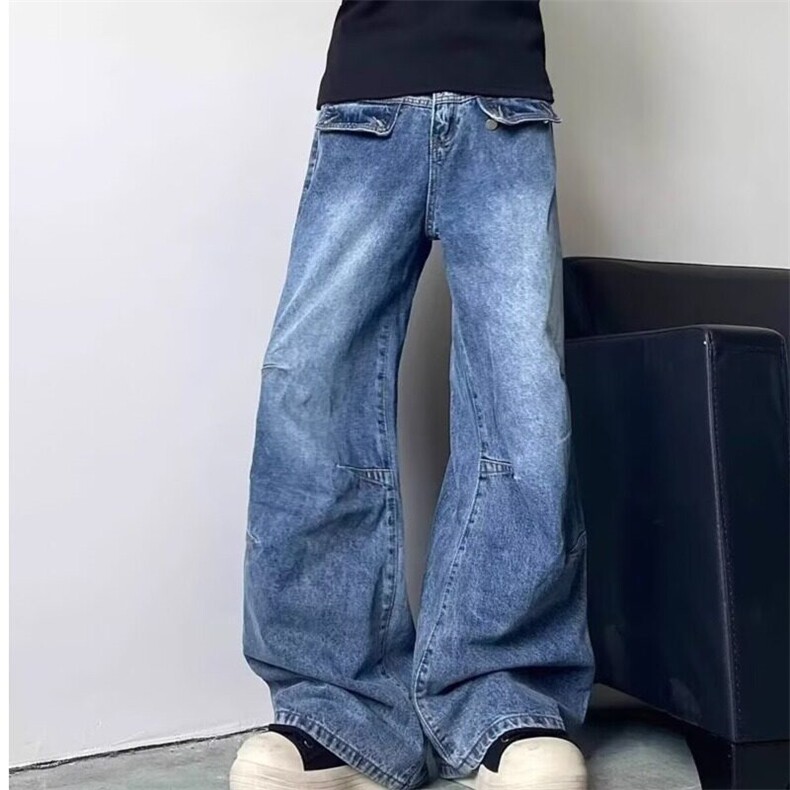 复古街头设计感牛仔裤男女同款夏季宽松阔腿百搭长裤子N6679,男装牛仔裤,星座1116A-1（原606A）