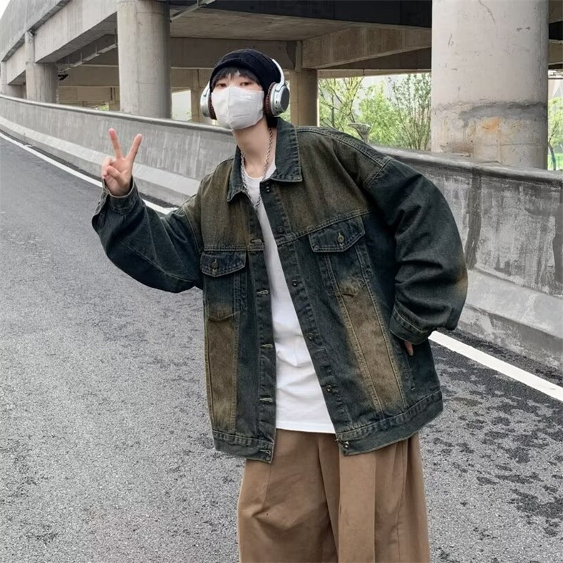 美式复古牛仔外套男春秋季港风宽松工装上衣潮牌ins水洗重磅夹克,男装夹克,星座716-3