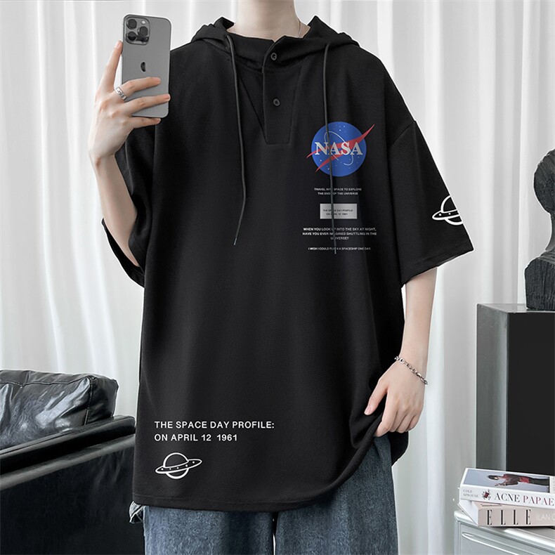 LD54243-P45连帽短袖t恤男大码胖子带帽五分袖中袖,男装T恤,电商A040