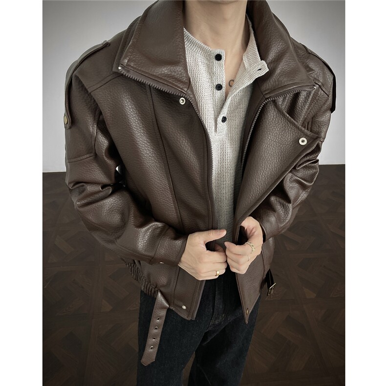 荔枝纹双层领廓形大码M-5XL机车面层PU皮衣JK78095特P118控，男装皮衣，星座227-7