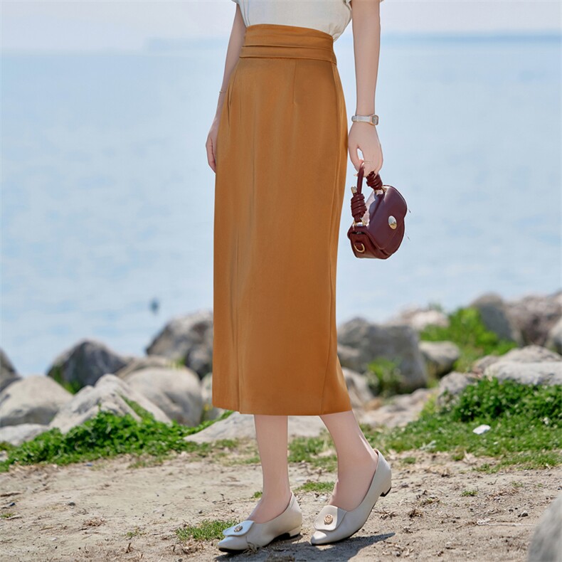 现货BAO2025夏时尚气质优雅百搭遮肉设计感高腰中长款半身裙，女装半身裙，火爆靓佳人