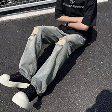 高街夏季水洗做旧破洞牛仔裤男ins宽松直筒裤NG37，男装牛仔裤，星座1116A-1（原606A）