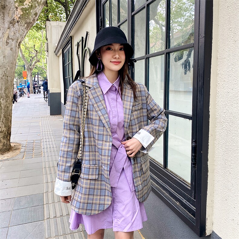 现货2021春秋装新款休闲韩版格子西装166-XZ03,女装西装,茜茜公主