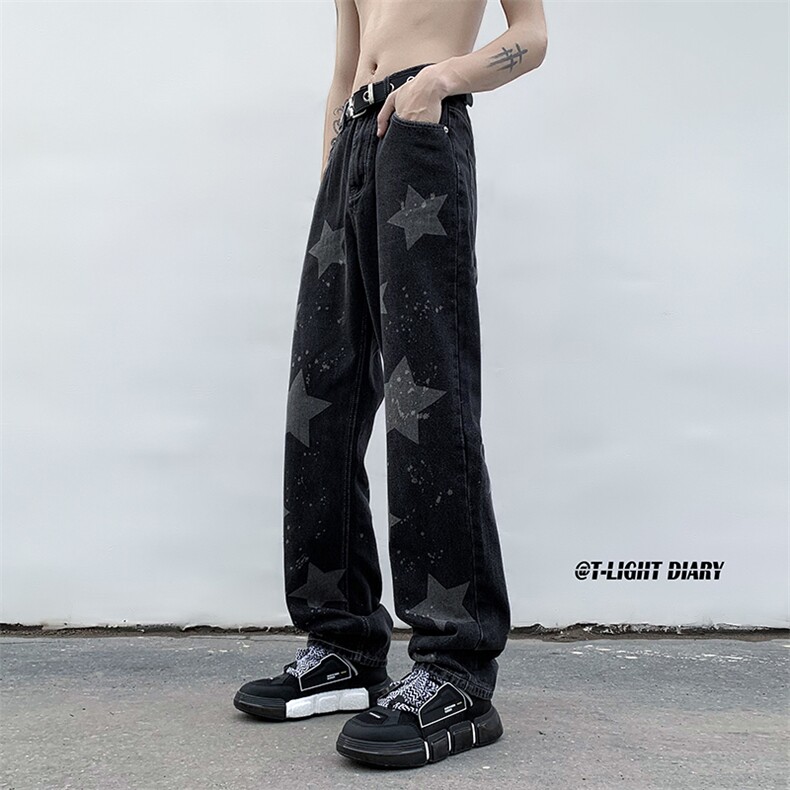 B221 美式ins高街小众五角星喷墨直筒牛仔裤 LK23014-P60 控78图片