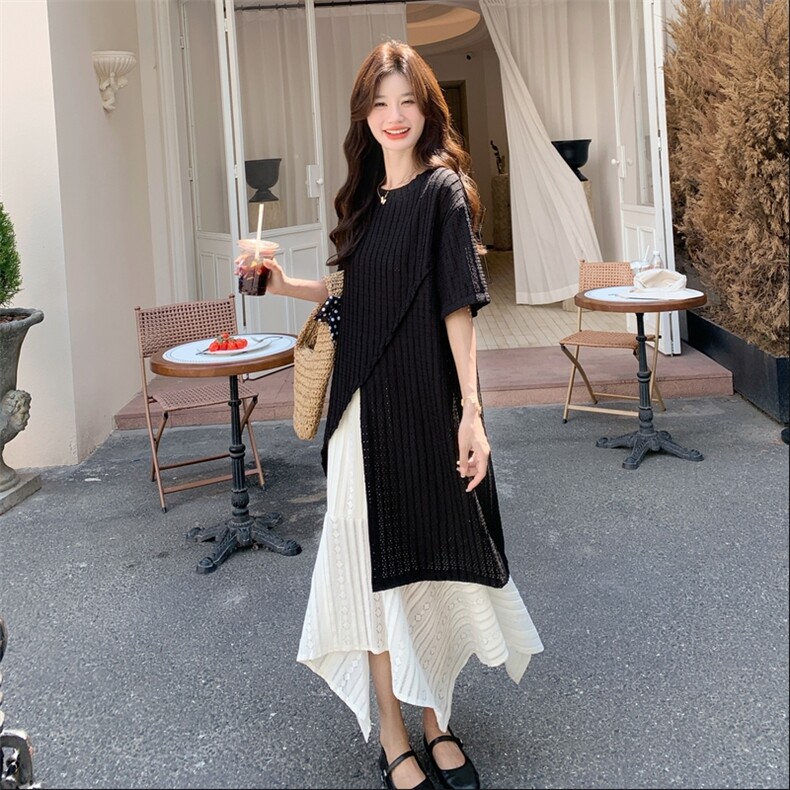 黑色不规则针织罩衫套装裙女2025夏季法式设计感时尚半身裙两件套,女装套装/套裙,2C113