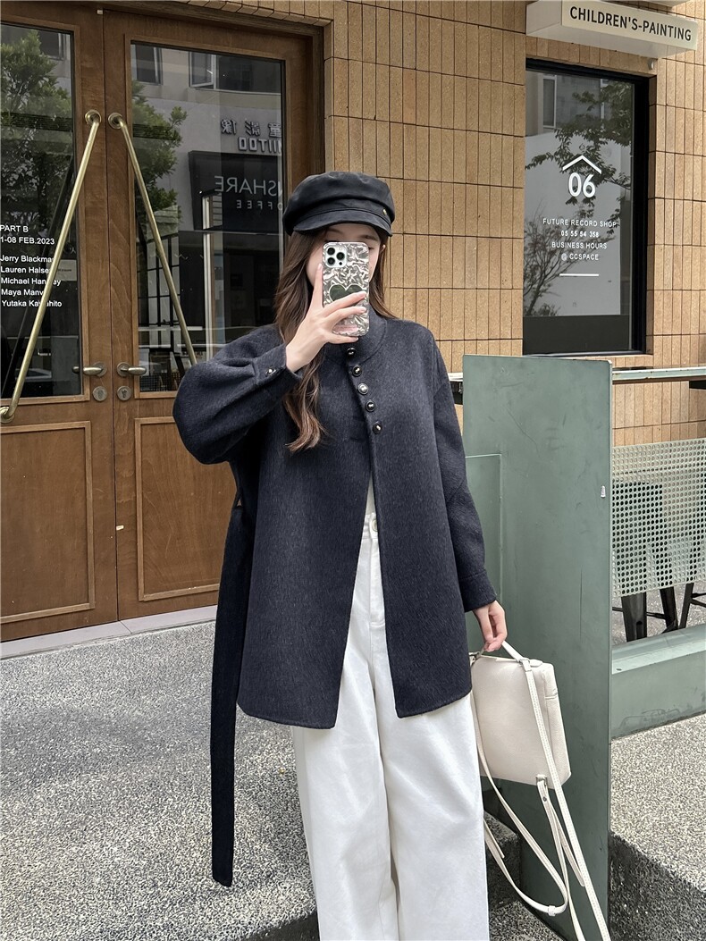 2025年春季新款短款纯色带腰带外套时尚休闲通勤百搭,女装毛呢外套,宸诺服饰