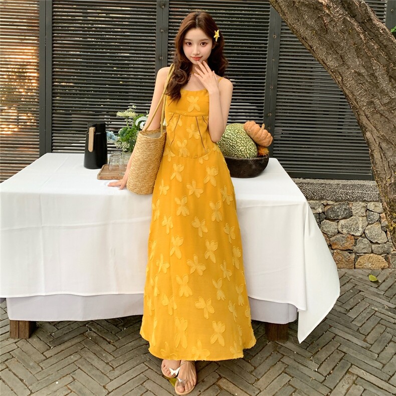 法式姜黄色蝴蝶印花吊带连衣裙女夏2025新款独特漂亮甜美显瘦长裙,女装连衣裙,浙宝193A