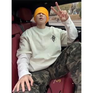 抖音得物供货210克宽松纯棉美式潮牌印花宽松落肩袖纯棉T恤AT2106图片