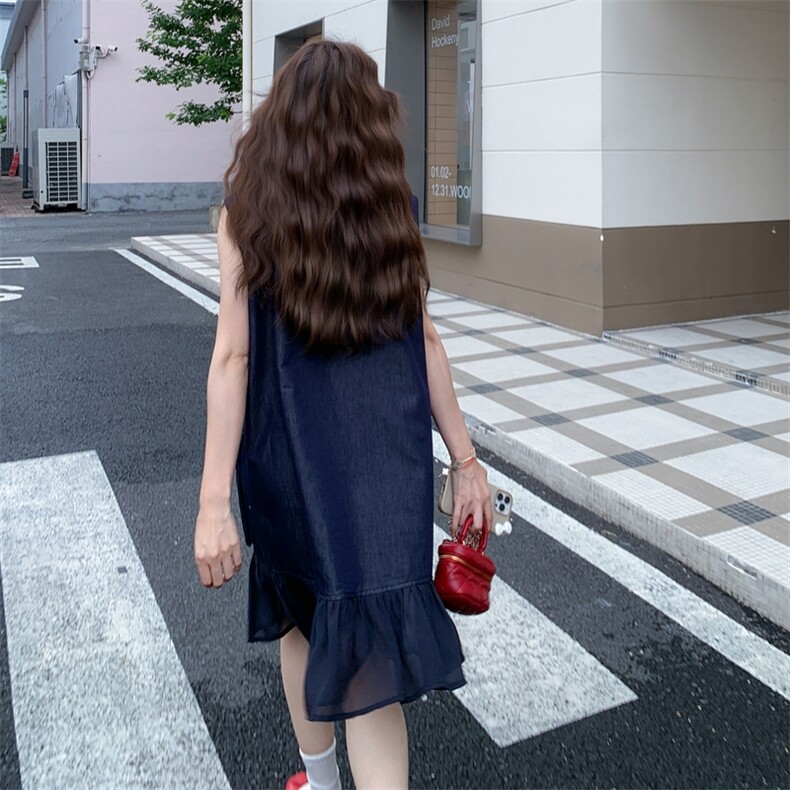 韩版网纱拼接无袖牛仔连衣裙女2025夏季新款绝美减龄小个子A字裙,女装连衣裙,2D044
