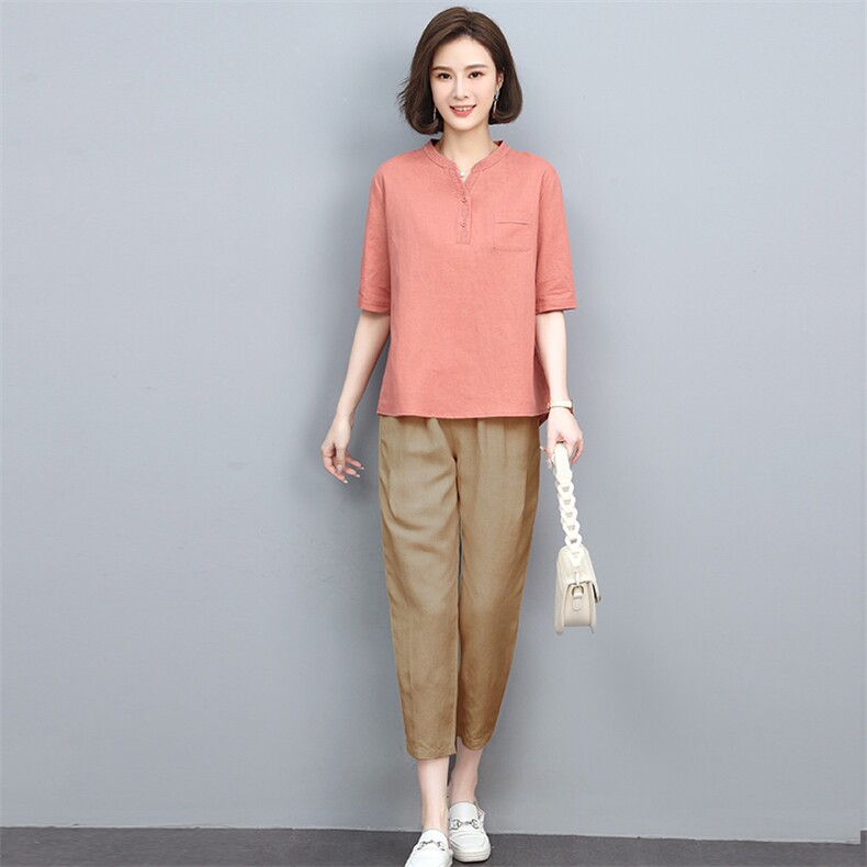 （新款）2024年夏时尚两件套装女亚麻棉刺绣上衣小脚裤,女装休闲裤,忆绮罗
