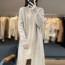100%纯羊毛中长款开衫女V领绞花长袖针织毛衣宽松慵懒羊绒衫外套，女装羊毛衫，忠诺羊绒