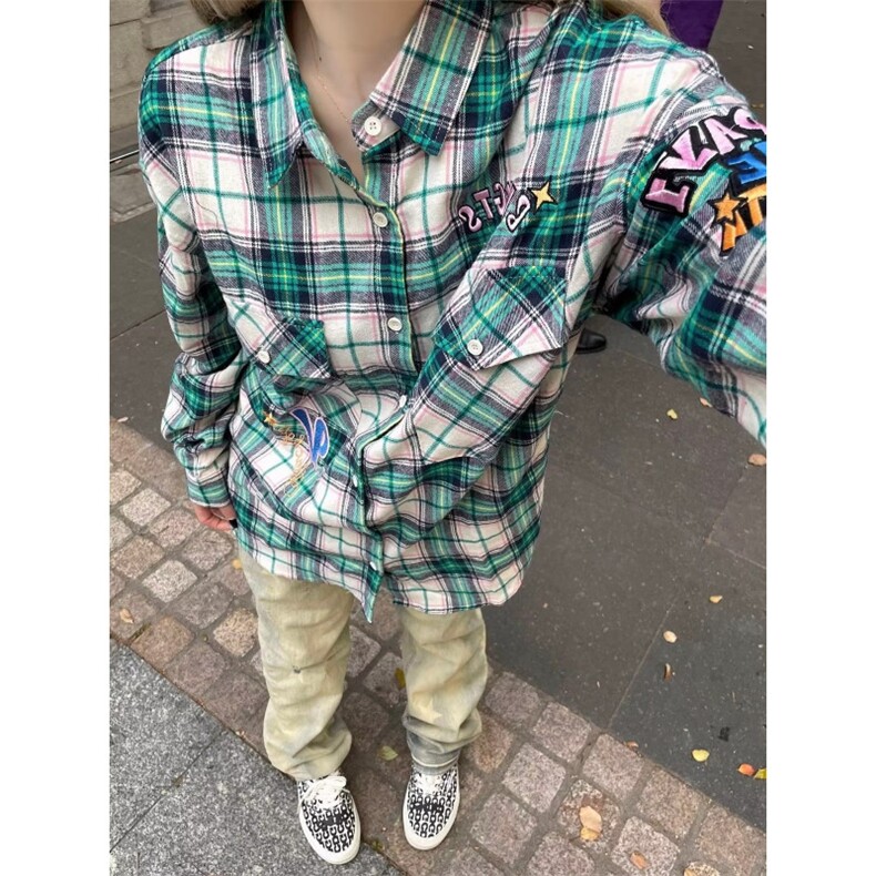 高街潮刺绣字母格子衬衫男高级感小众宽松休闲情侣款防晒衬衣潮,男装防晒衣,星座506A