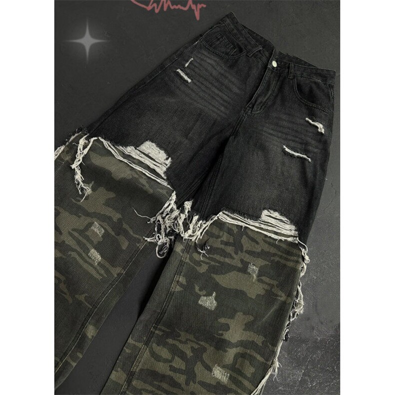 小众迷彩拼接阔腿牛仔裤男春秋新款美式高街宽松休闲嘻哈直筒裤子，男装牛仔裤，星座601-2