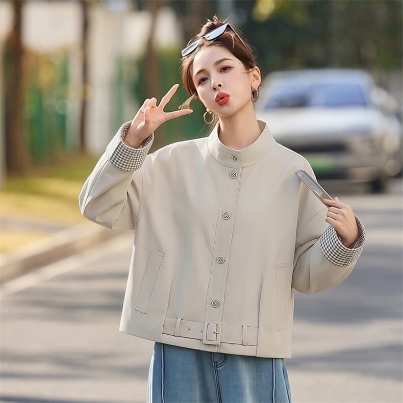 现货宽松拼色格子立领短外套女,女装短外套,韩蔻秀
