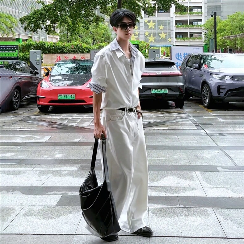 美式白色条纹撞色假两件衬衫男痞帅衬衣外套513ACS2533P50,男装衬衫,星座513A
