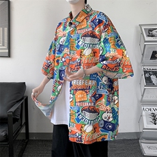 夏季冰丝新款男士宽松港风卡通满印短袖T恤衬衫A071-C33-P38，男装T恤，电商A071