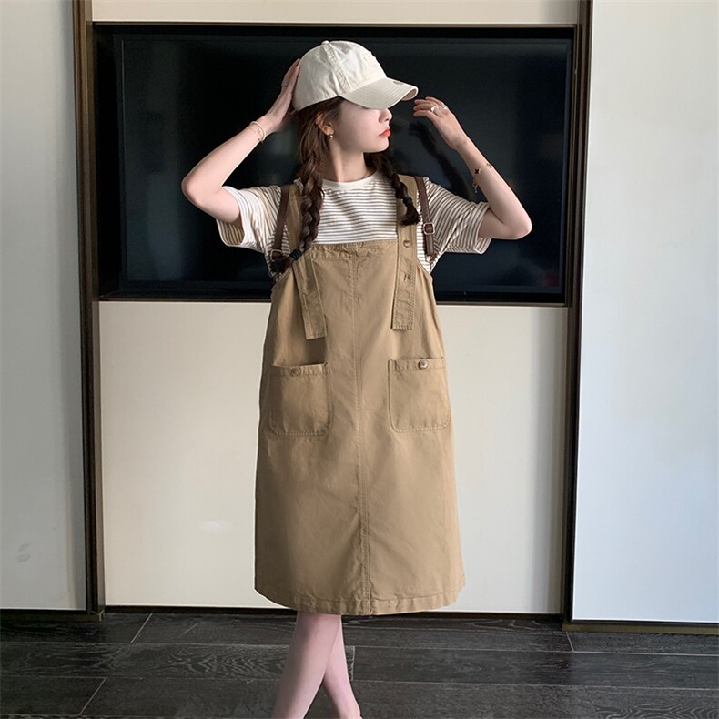 休闲气质卡其色背带裙连衣裙女夏2025新款小个子学院风时尚超好看,女装套装/套裙,2C053