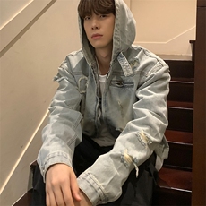 高街新款美式复古街头水洗做旧牛仔外套男女秋季新款连帽牛仔夹克，男装工装外套，星座506A