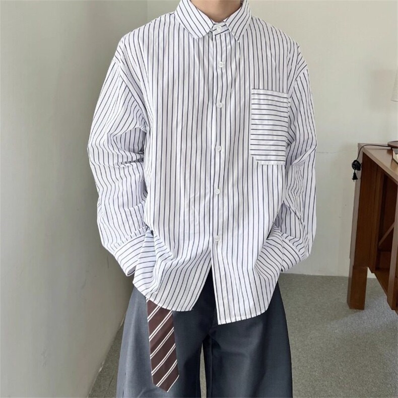 杭州现货时尚竖条纹廓形宽松白衬衫ins男休闲经典款复古百搭衬,男装衬衫,星座218-1（原230）