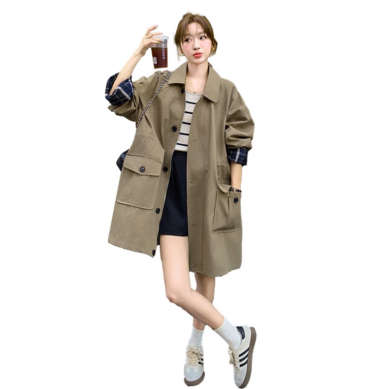 卡其风衣外套女2025秋显瘦韩式小个子垂感中长款翻领通勤复古大衣,女装风衣,2C029