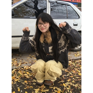 重磅北极绒座山雕大毛毛领毛衣外套冬美式复古休闲慵懒风针织开衫图片