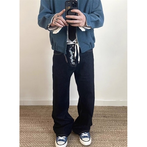 巴黎黑色弯刀微喇牛仔裤男秋冬做旧显瘦直筒裤子 NB5133图片
