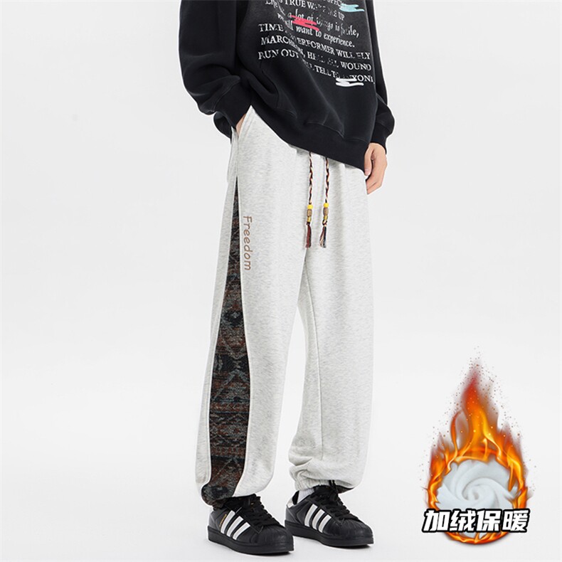 8XL-M民族拼接刺绣束脚卫裤男冬加绒加厚大码运动裤KZ024P45图片