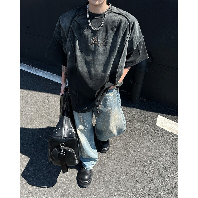 现货！25重工水洗渐变男士脊骨设计解构短袖T恤DX187-P88,男装T恤,电商B288