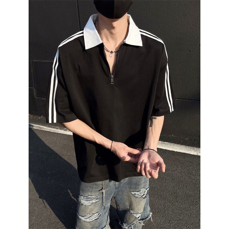 得物300克潮牌重磅纯棉撞色打底短袖拉链POLO衫T恤男RH5033-特P40,男装Polo衫,星座610B-1
