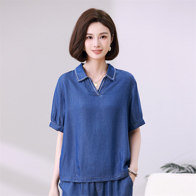 天丝牛仔女2025新款夏装搭配一整套微胖穿搭小个子妈妈图片