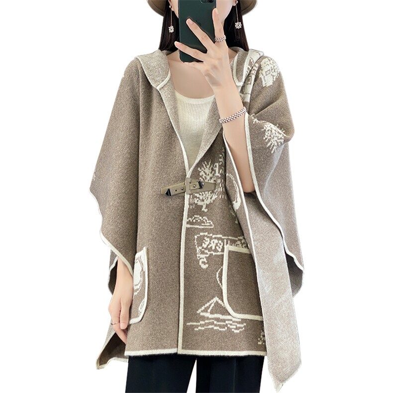 2025年冬季女子新款百搭重工提花连帽大披肩,饰品披肩,新胜羊绒