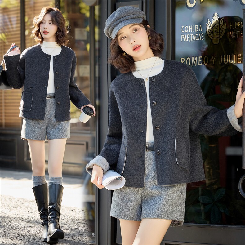 高级感圆领短款毛呢外套女2025秋冬季新款气质百搭双面呢羊毛大衣，女装双面呢大衣，沁沁公主