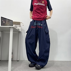 美式字母刺绣弯刀阔腿裤男女夏季宽松hiphop褶皱速干街舞休闲长裤，男装休闲裤，星座601-1