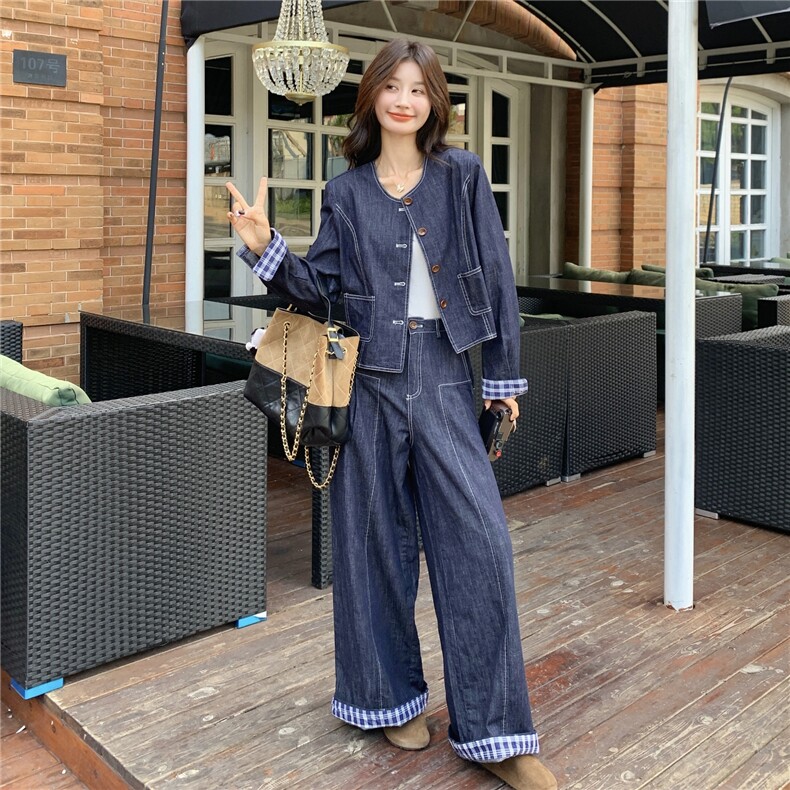 现货新款牛仔外套阔腿裤两件25091P175K,女装套装/套裙,2D035