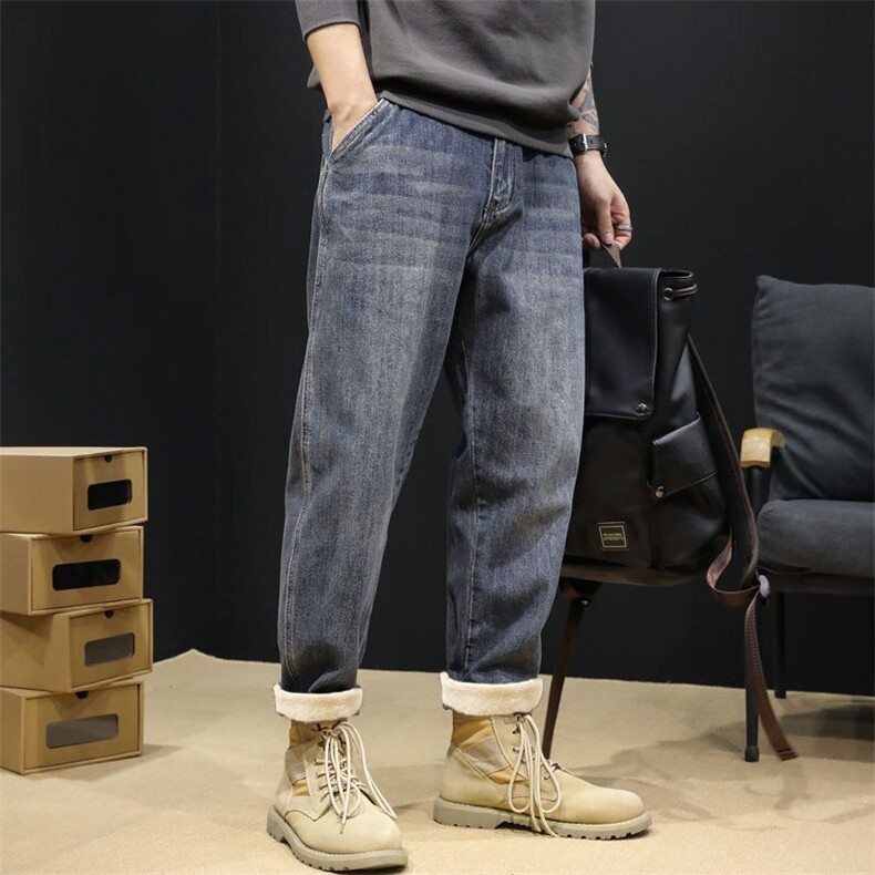 美式复古水洗加绒加厚牛仔裤男潮流宽松保暖休闲直筒裤，男装牛仔裤，星座410-6（原星座1304-1）