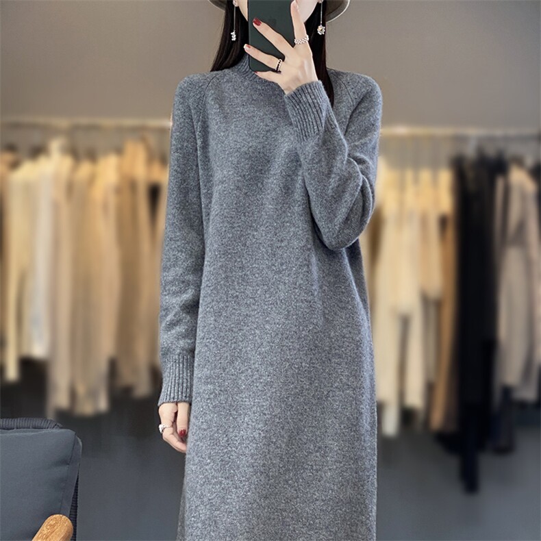 百搭女秋冬羊毛连衣裙简约休闲显瘦长袖针织裙舒适保暖高领毛衣裙,女装连衣裙,暖思雅
