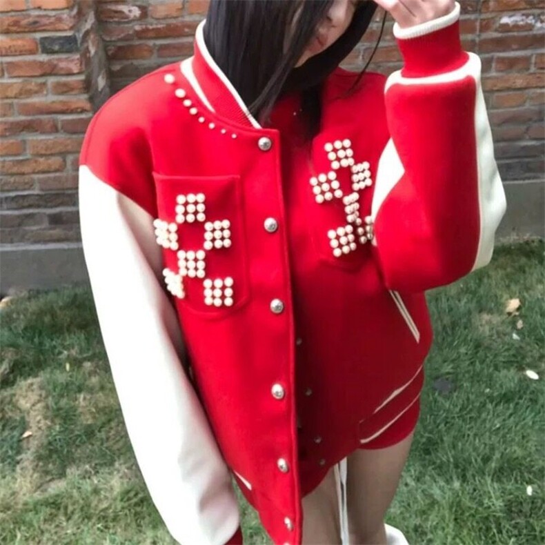 【有货】DJK1027-P95红色棒球服女珍珠钉珠重磅外套vintage夹克,男装夹克,星座603-2