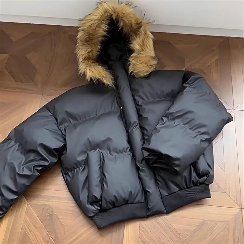 现货三防重磅硬挺boxy短款羽绒棉衣座山雕大毛毛领PU皮棉服外套冬,男装棉衣,电商A486-1