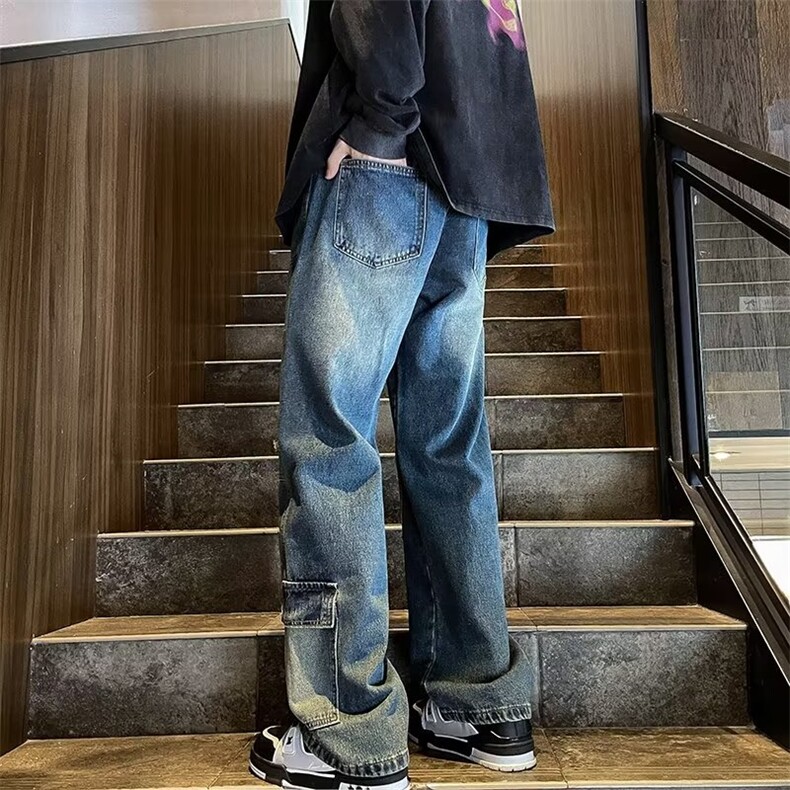 美式复古做旧水洗牛仔裤男休闲宽松百搭高街多口袋直筒裤~Nk808,男装牛仔裤,星座601-2