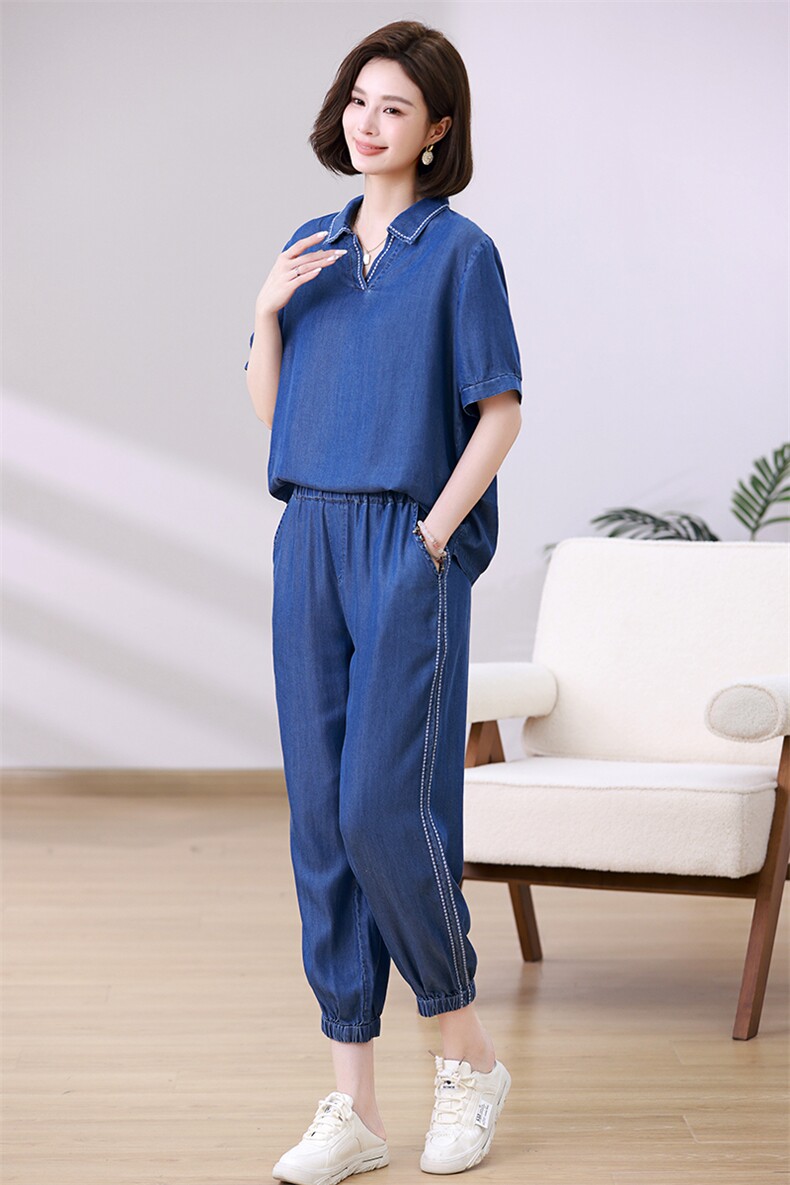时尚显瘦牛仔套装女夏新款韩版宽松短袖上衣高腰长裤两件套,女装套装/套裙,叶笙衣