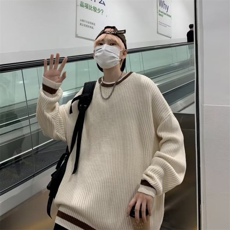 日系复古拼色痞帅秋冬毛衣男慵懒风潮牌宽松百搭休闲针织衫,男装针织衫/毛衣,四季星座218-1