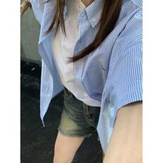 蓝白条纹衬衫短袖男女夏季新款宽松休闲男生衬衣外衬衫CS03-p30，男装T恤，星座302B