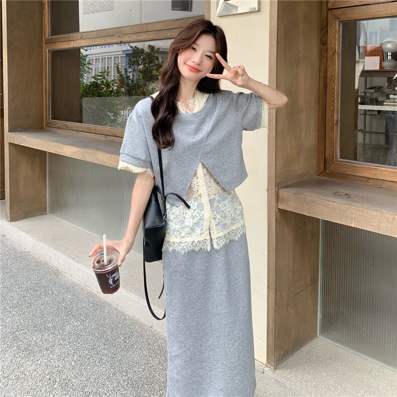 法式拼接半身裙套装女气质2025夏季新款时尚休闲蕾丝短上衣三件套图片