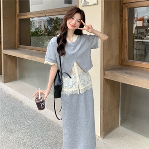法式拼接半身裙套装女气质2025夏季新款时尚休闲蕾丝短上衣三件套图片