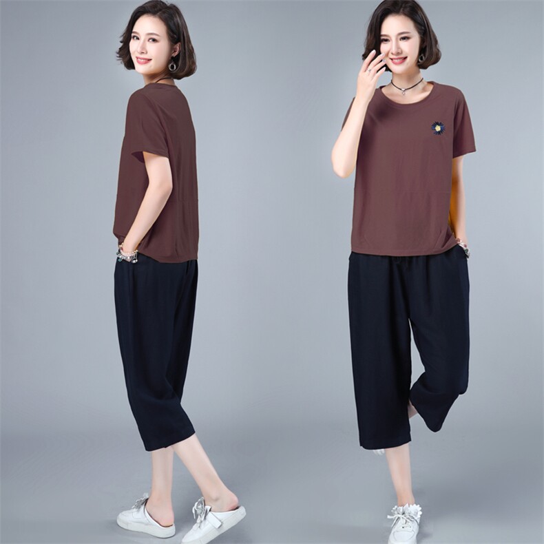 HANYU夏装新款两件套装女T恤小衫女小雏菊绣花点缀宽松显瘦,女装套装/套裙,涵誉