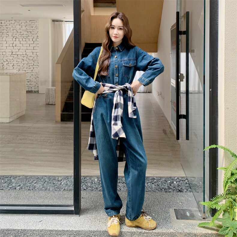 港风牛仔连体裤女2025长袖春秋新款高级时尚连身裤宽松工装连体裤,女装连体裤,2D076
